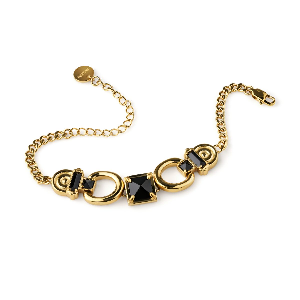 A gold-tone chain bracelet featuring a central row of black faceted gemstones in square and round settings, with decorative ring motifs, photographed on a clean white background.