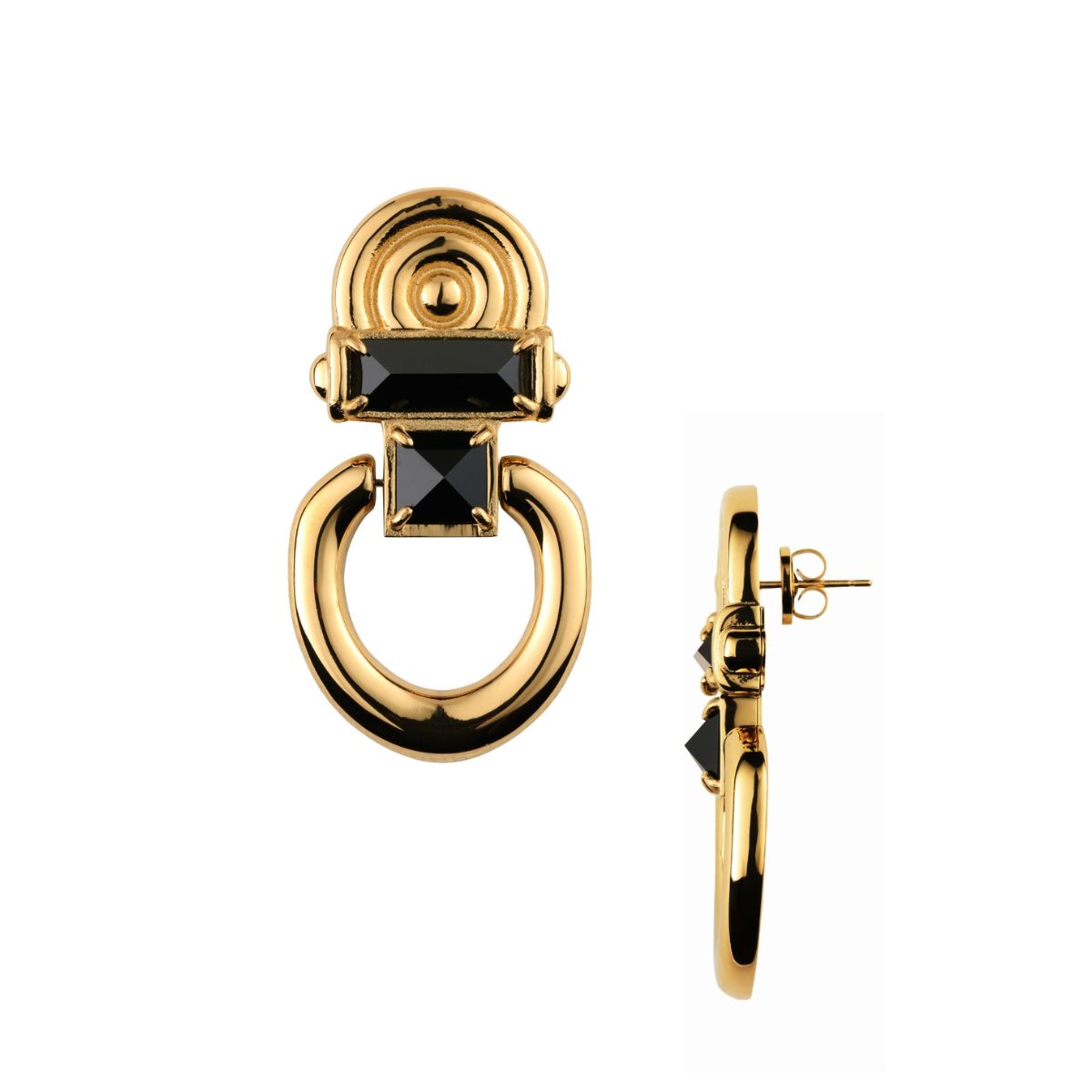 Gold-tone hoop earrings with black rectangular and square stones, shown from the front and side profile on a white background.