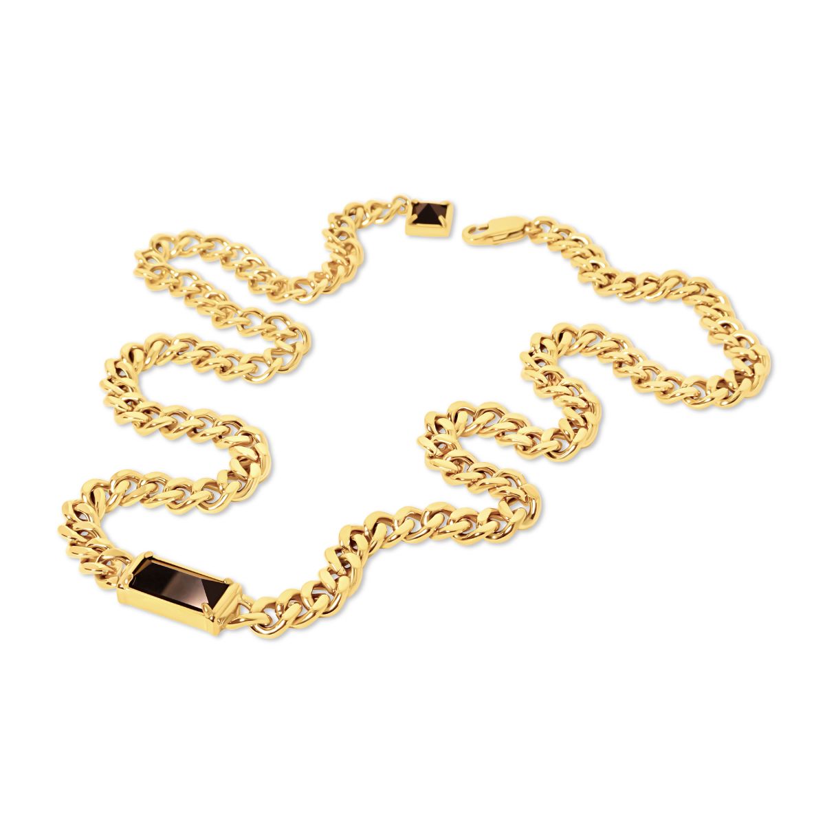 A gold chain bracelet with a rectangular dark brown inlay on each side of the chain, displayed on a clean white background.
