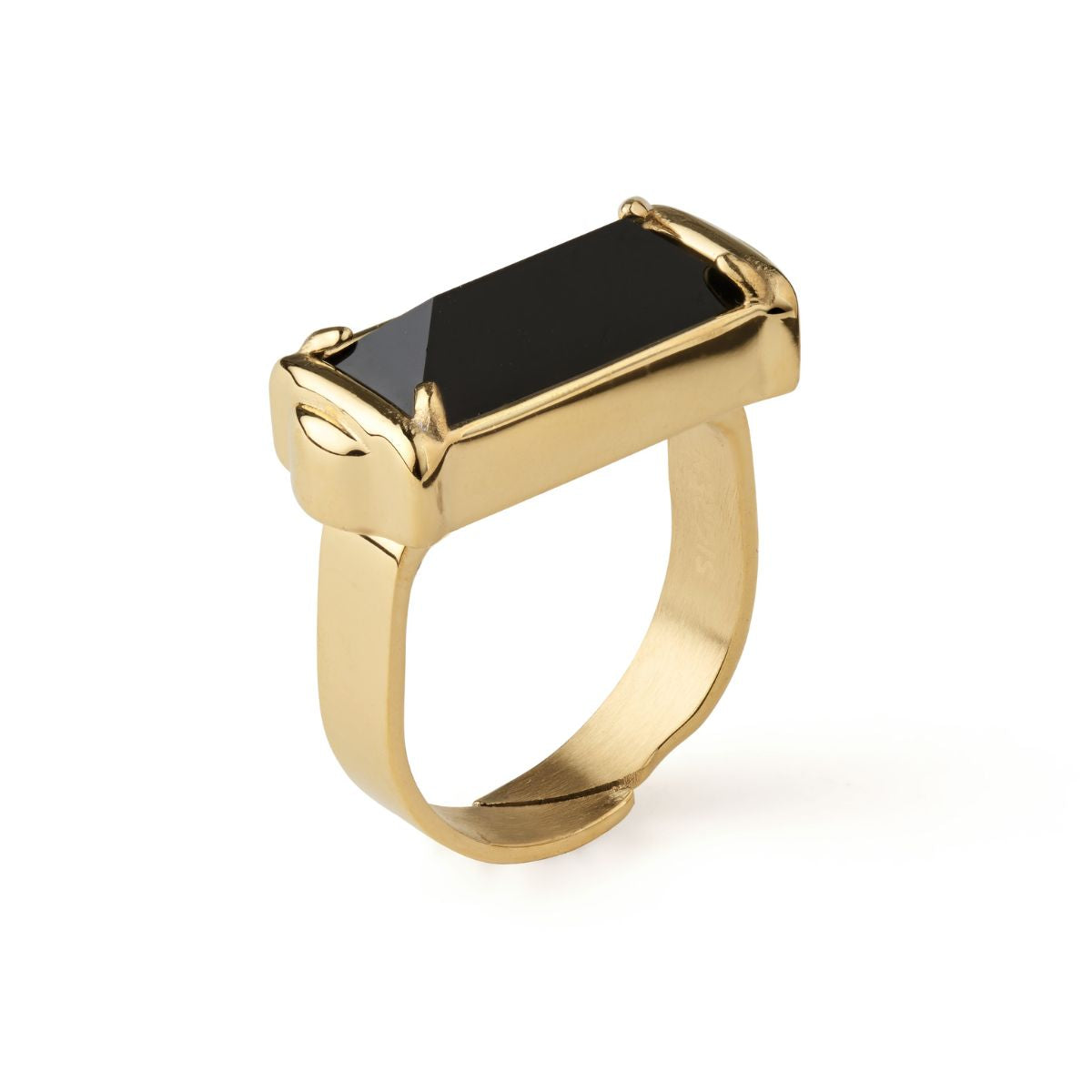A gold signet-style ring with a large rectangular black onyx center stone, shown on a clean white background.