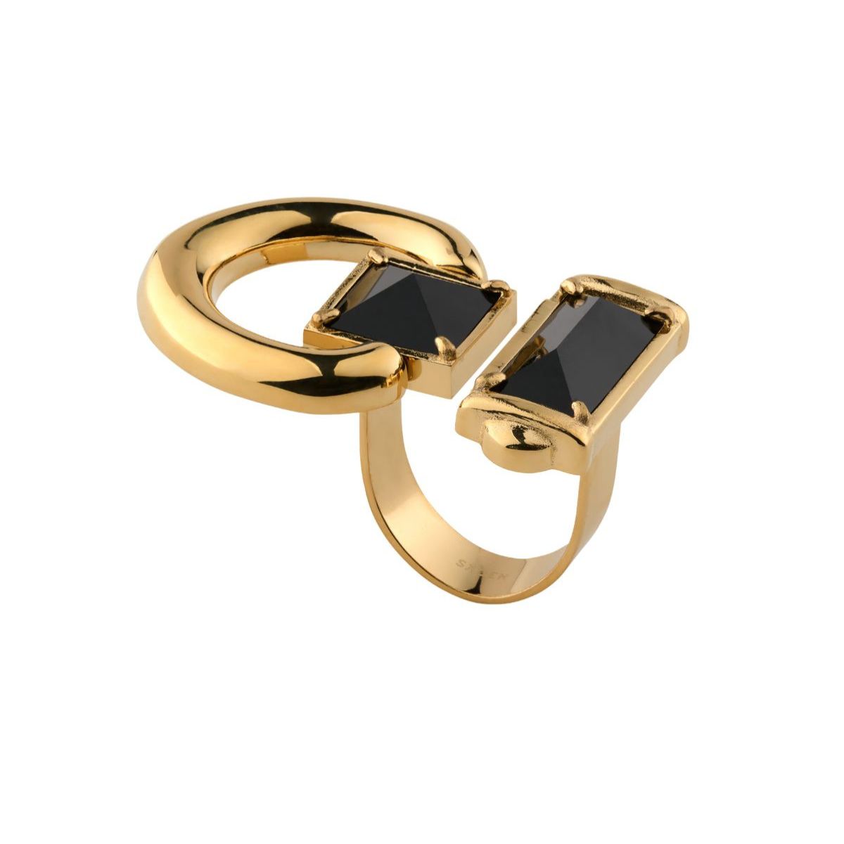 A gold-plated ring featuring two rectangular black gemstones in prong settings, with one stone partially overlapped by a curved gold band, shown on a plain white background.