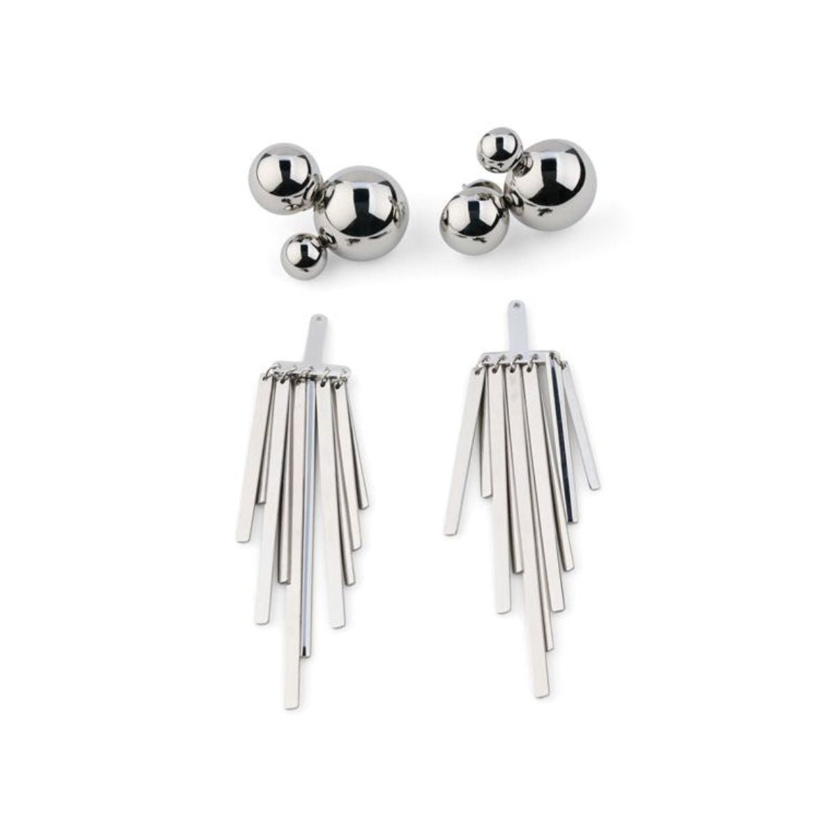 Pair of silver earrings with spherical top and tassel bottom on a white background