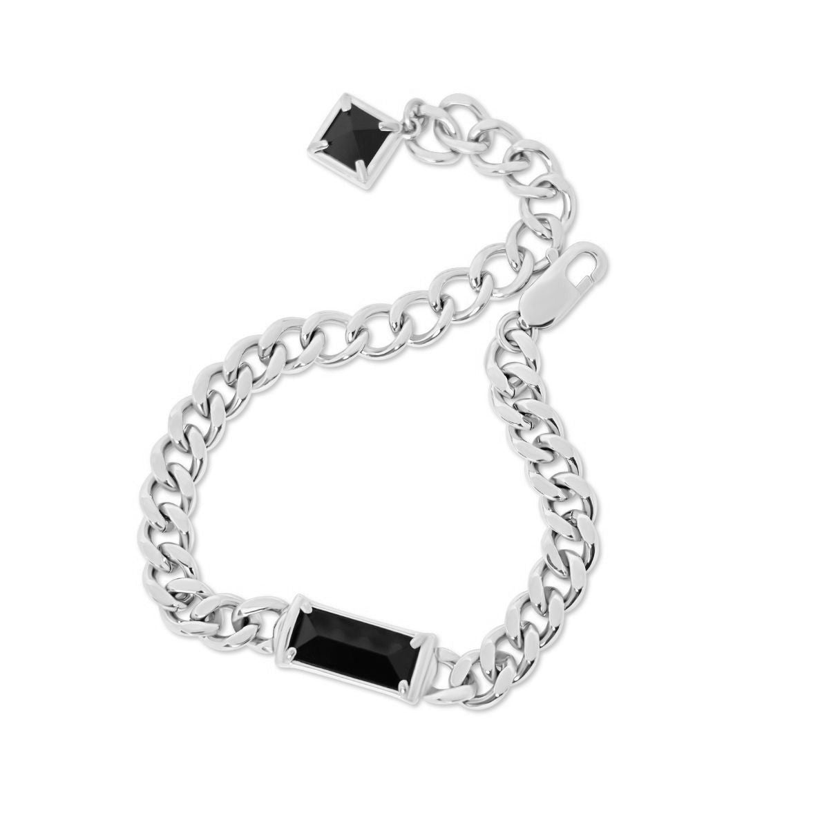 A silver-toned curb chain bracelet featuring a rectangular black gemstone centerpiece and an adjustable extender chain with a small square black gemstone, shown on a plain white background.
