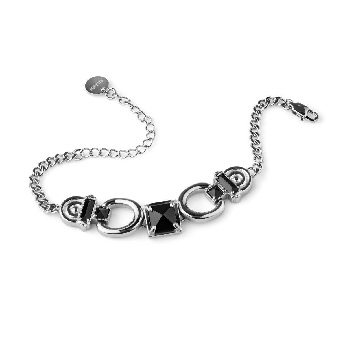 A silver-toned chain bracelet featuring a central geometric design with black faceted stones and polished metal rings, displayed on a clean white background.