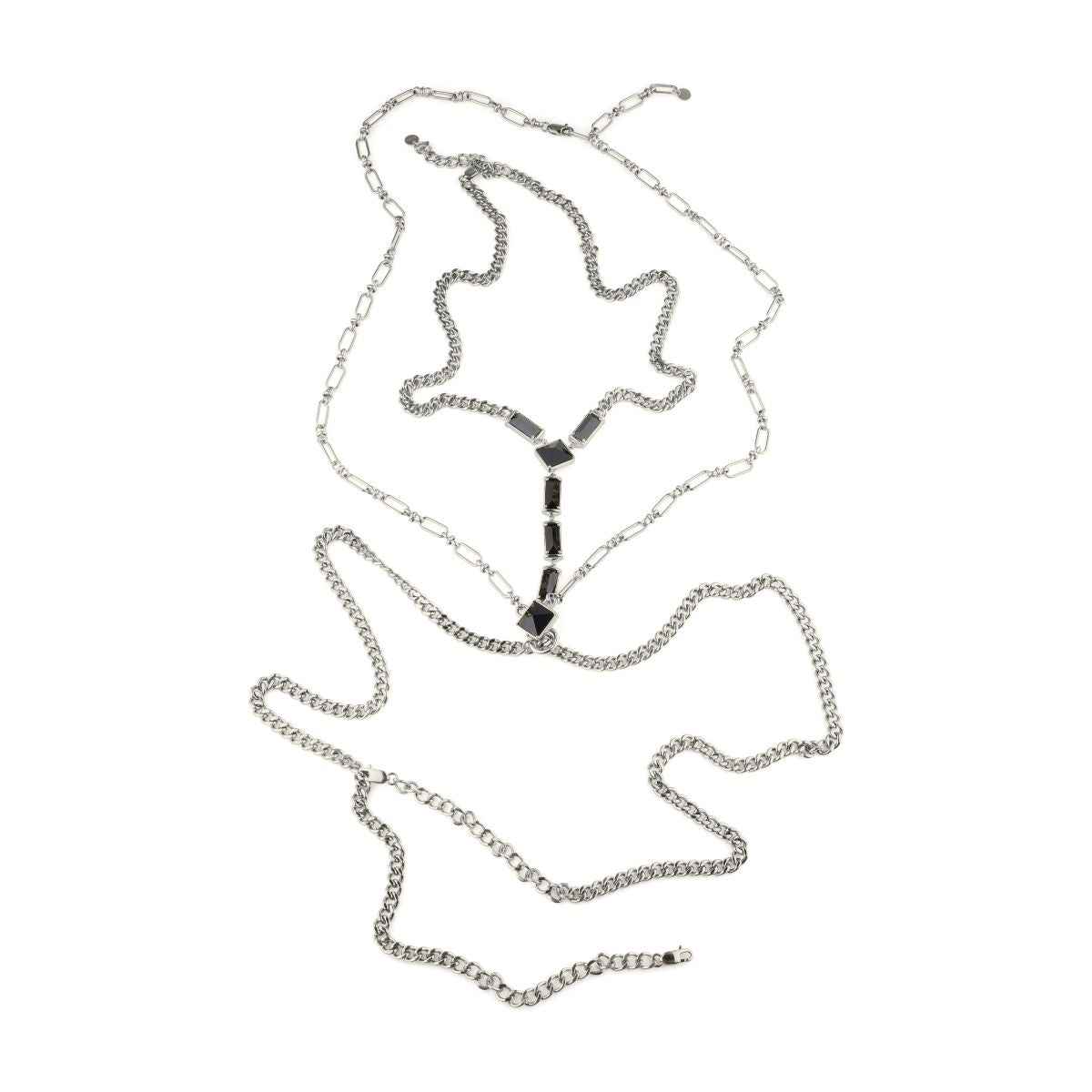 A silver-toned chain necklace with a Y-shaped design and a central rectangular black inlay, displayed on a plain white background.