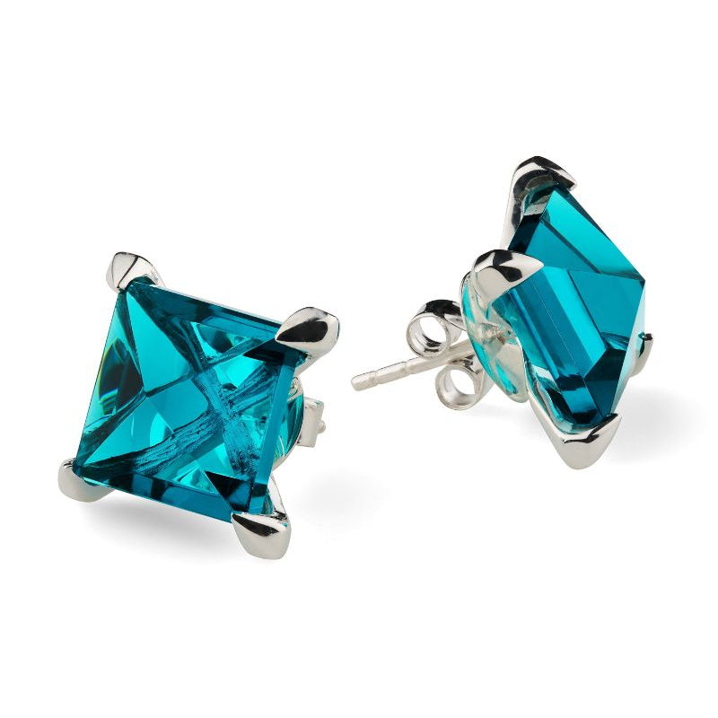 Blue gemstone stud earrings on a white background