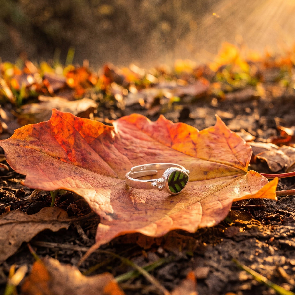 A silver ring with a green oval stone resting on a large orange autumn leaf on the ground, with a blurred forest background and warm sunlight streaming through the scene.