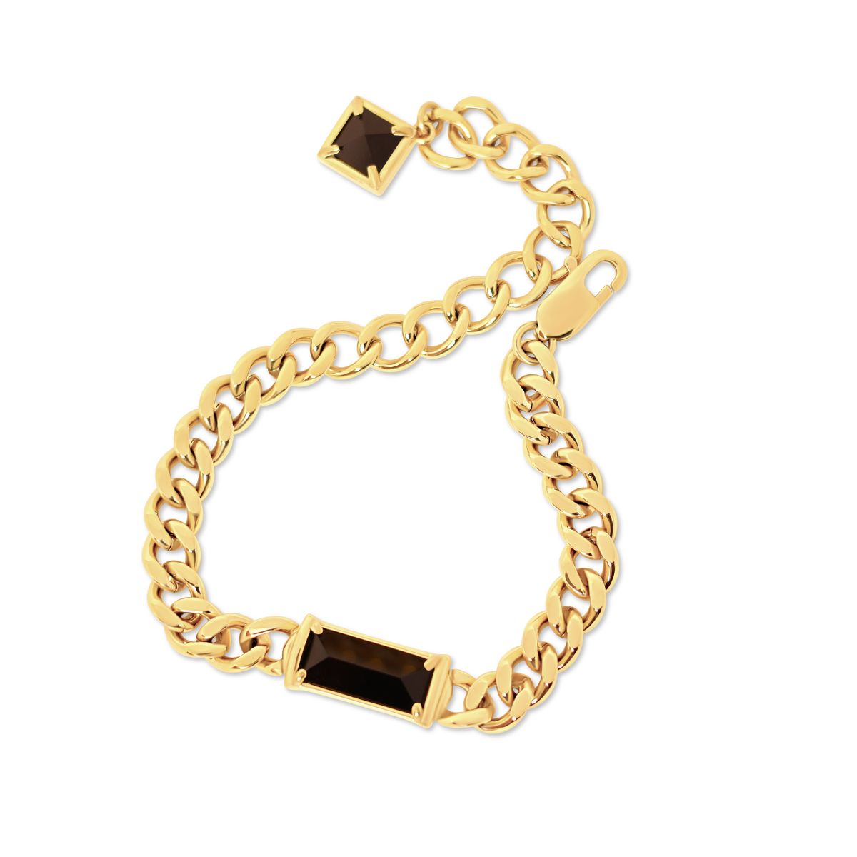 A gold chain bracelet with a rectangular dark brown smoky quartz stone and an adjustable lobster clasp with a matching square stone, shown on a plain white background.