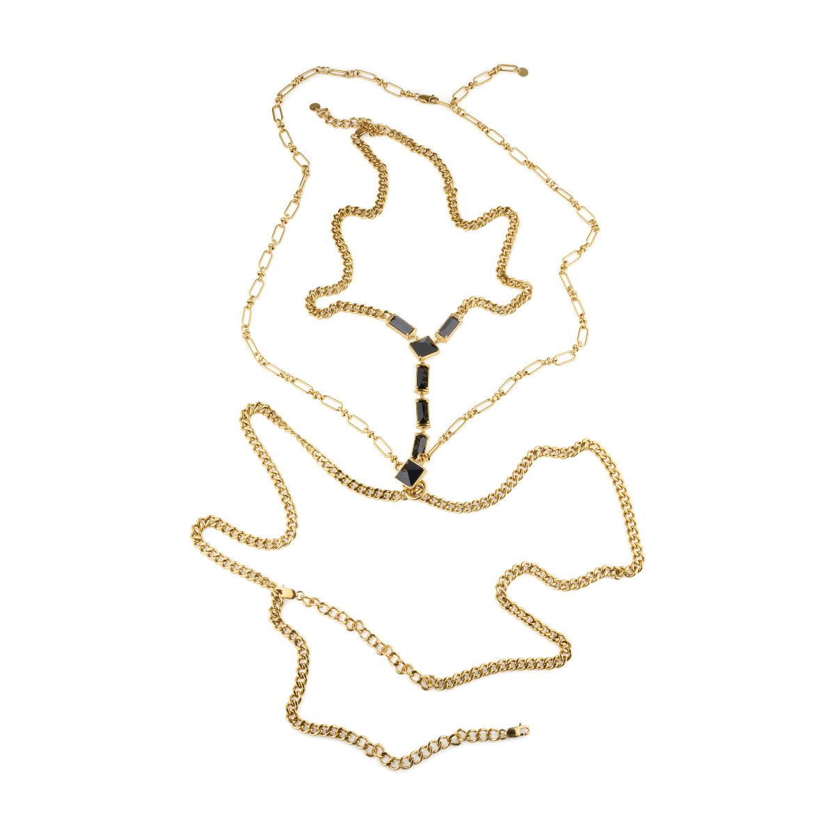 A gold chain necklace with a Y-shaped collar design featuring black rectangular inlays, displayed on a clean white background.