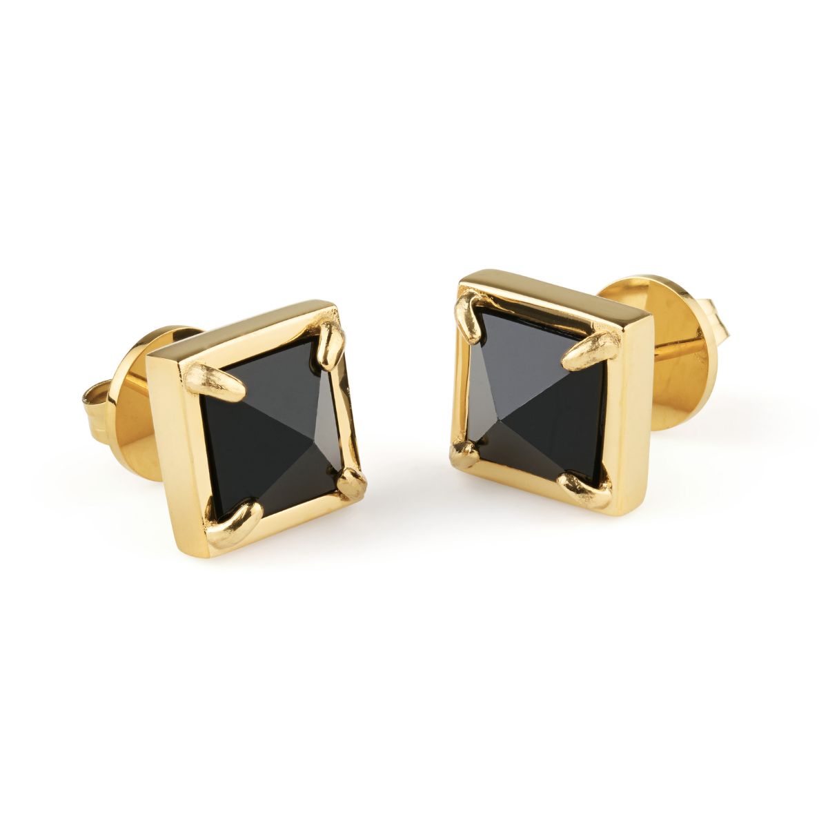 A pair of gold square stud earrings with faceted black gemstones, shown on a clean white background.