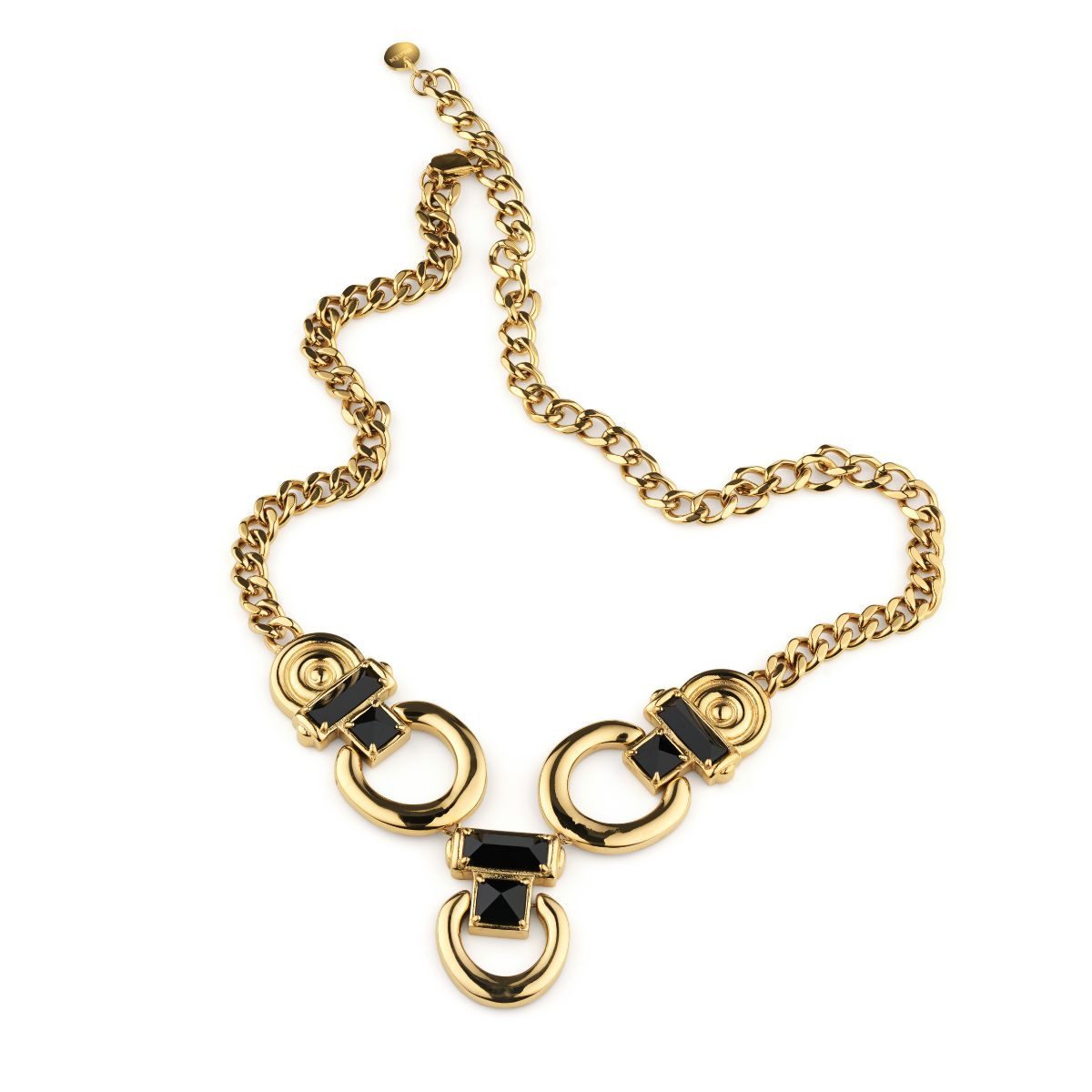A gold-tone statement necklace featuring three interlocking O-ring motifs connected by small black rectangular stones, with a matching curb chain and clasp, shown on a plain white background.