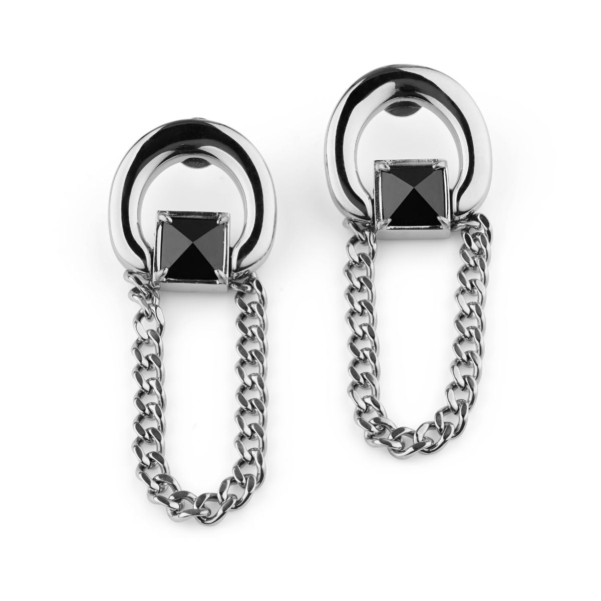 A pair of silver-toned drop earrings with a polished circular top, a square black faceted gemstone, and a hanging curb chain, shown on a plain white background.