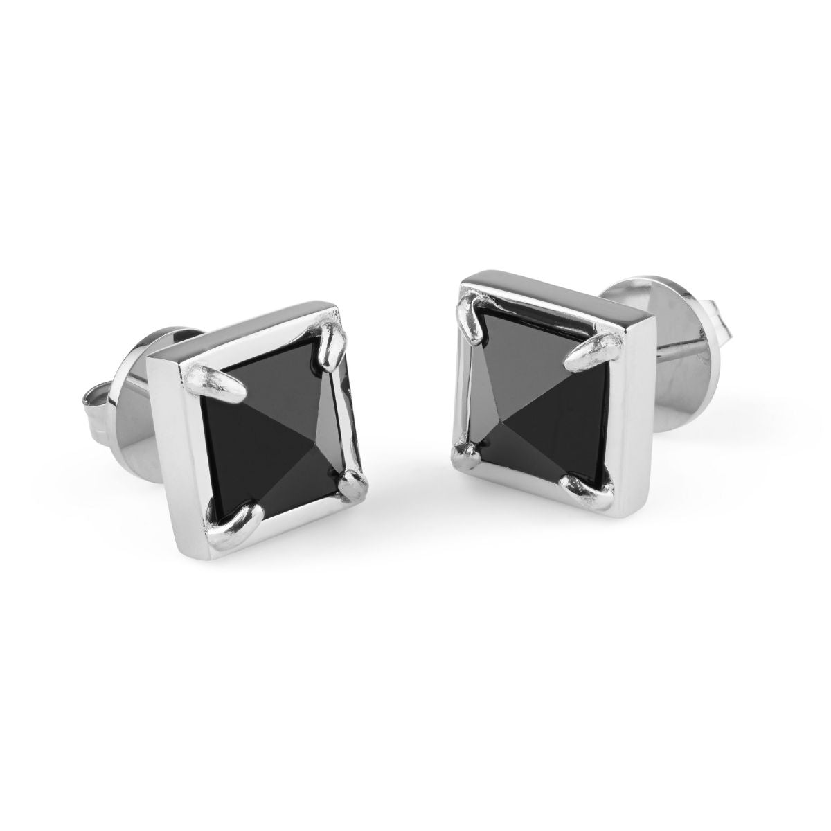 A pair of square stud earrings with faceted black gemstones in polished silver-toned settings, shown on a clean white background.