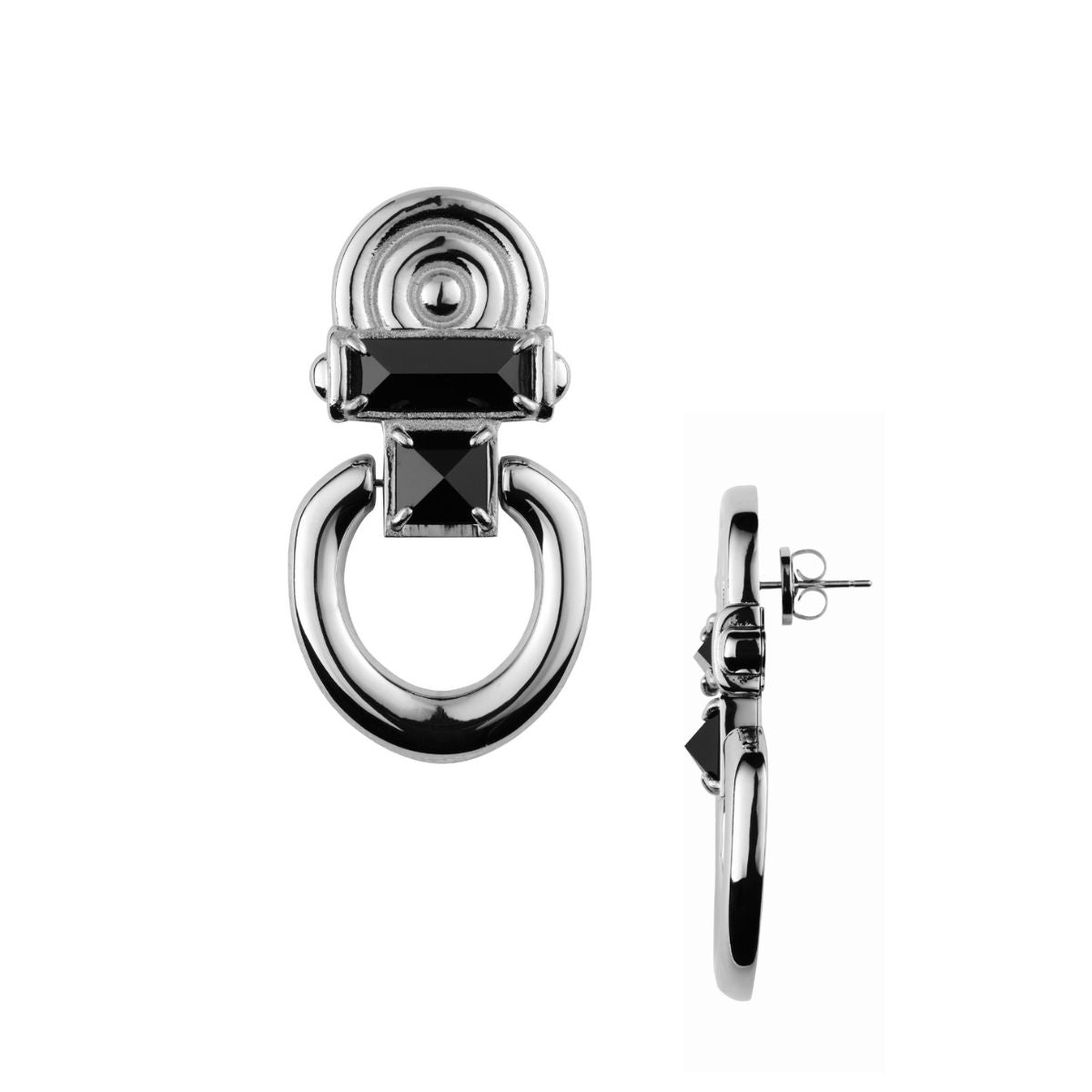 A pair of silver-toned hoop earrings with a central black rectangular gemstone and a geometric circular setting, shown from the front and side on a white background.