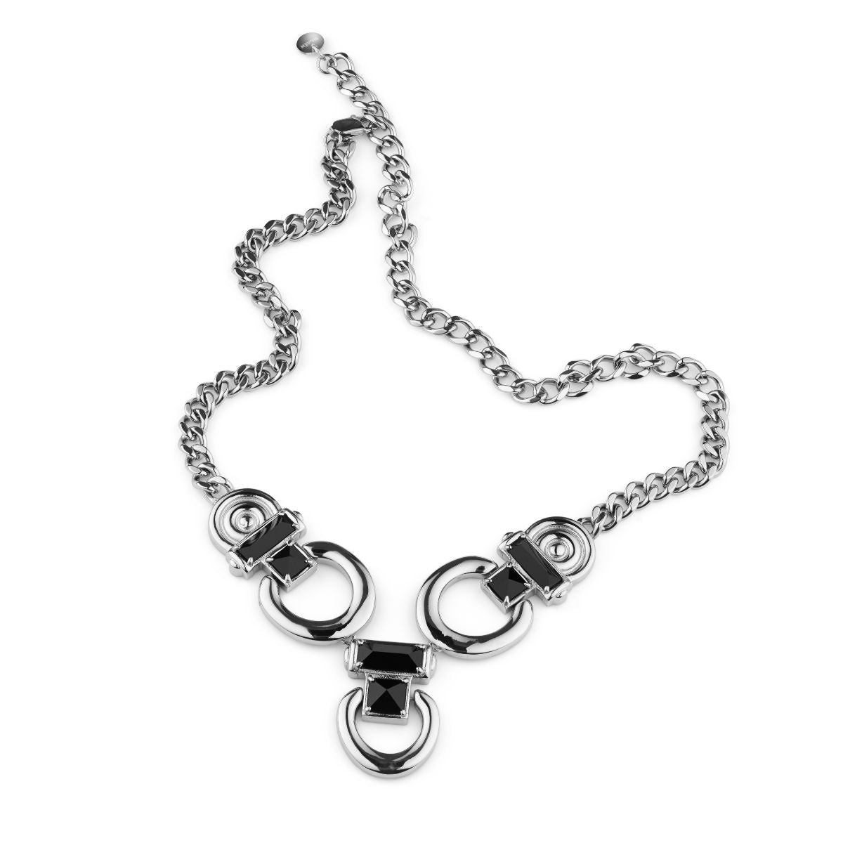 A silver-toned chain necklace featuring a V-shaped arrangement of interlocking O-rings and rectangular black gemstone accents, displayed on a clean white background.