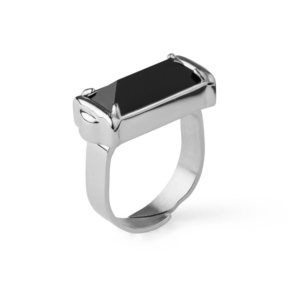 A silver-toned metal ring featuring a large, polished rectangular black inlay or gemstone, shown on a clean white background.