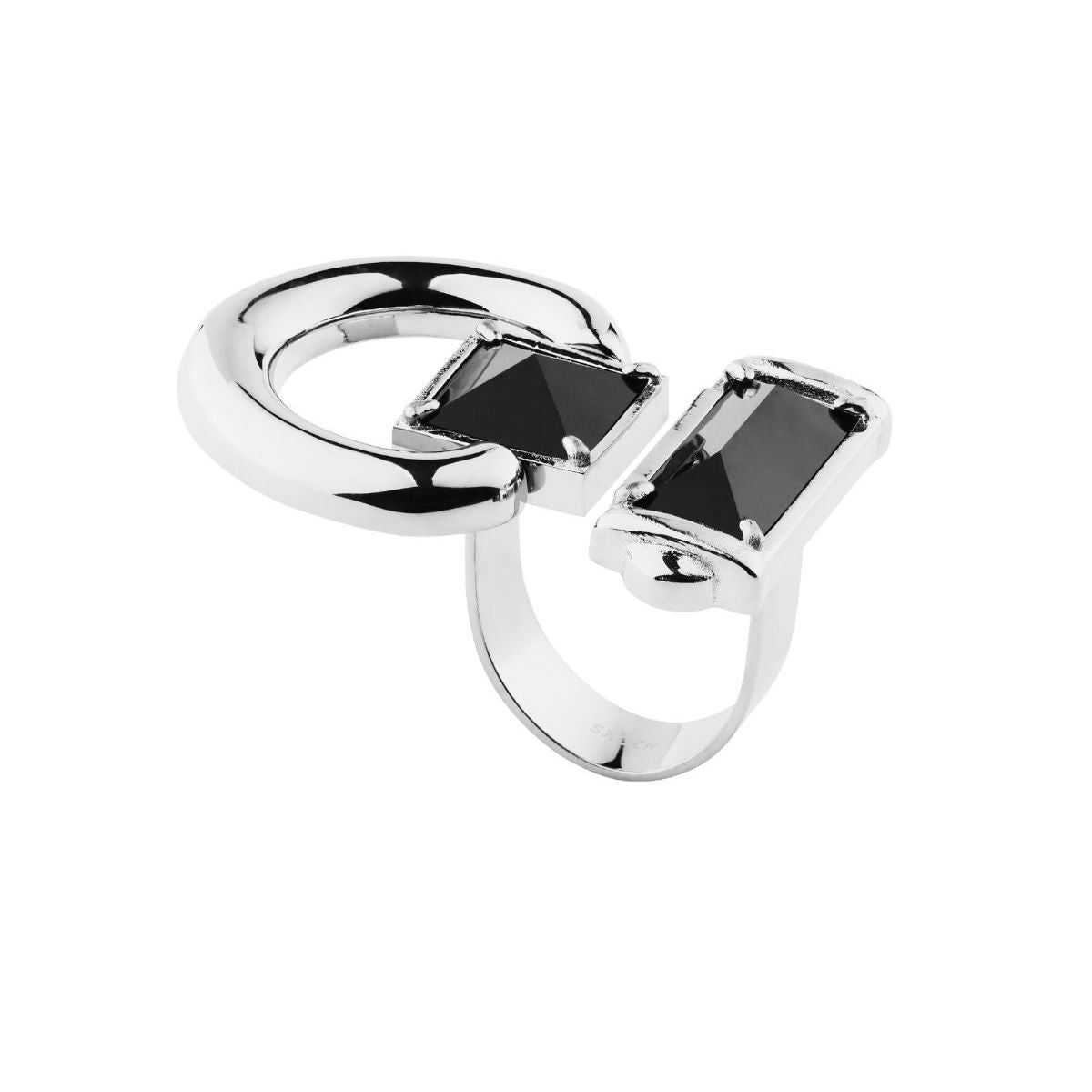 A silver-toned ring featuring two interlocking oval and rectangular bezel-set black gemstones, shown on a plain white background.