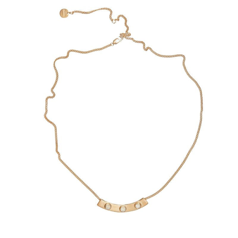 Gold necklace with a bar pendant on a white background