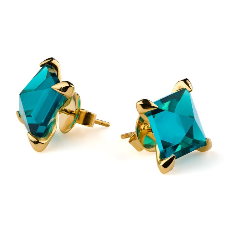 Gold earrings with teal gemstones on a white background