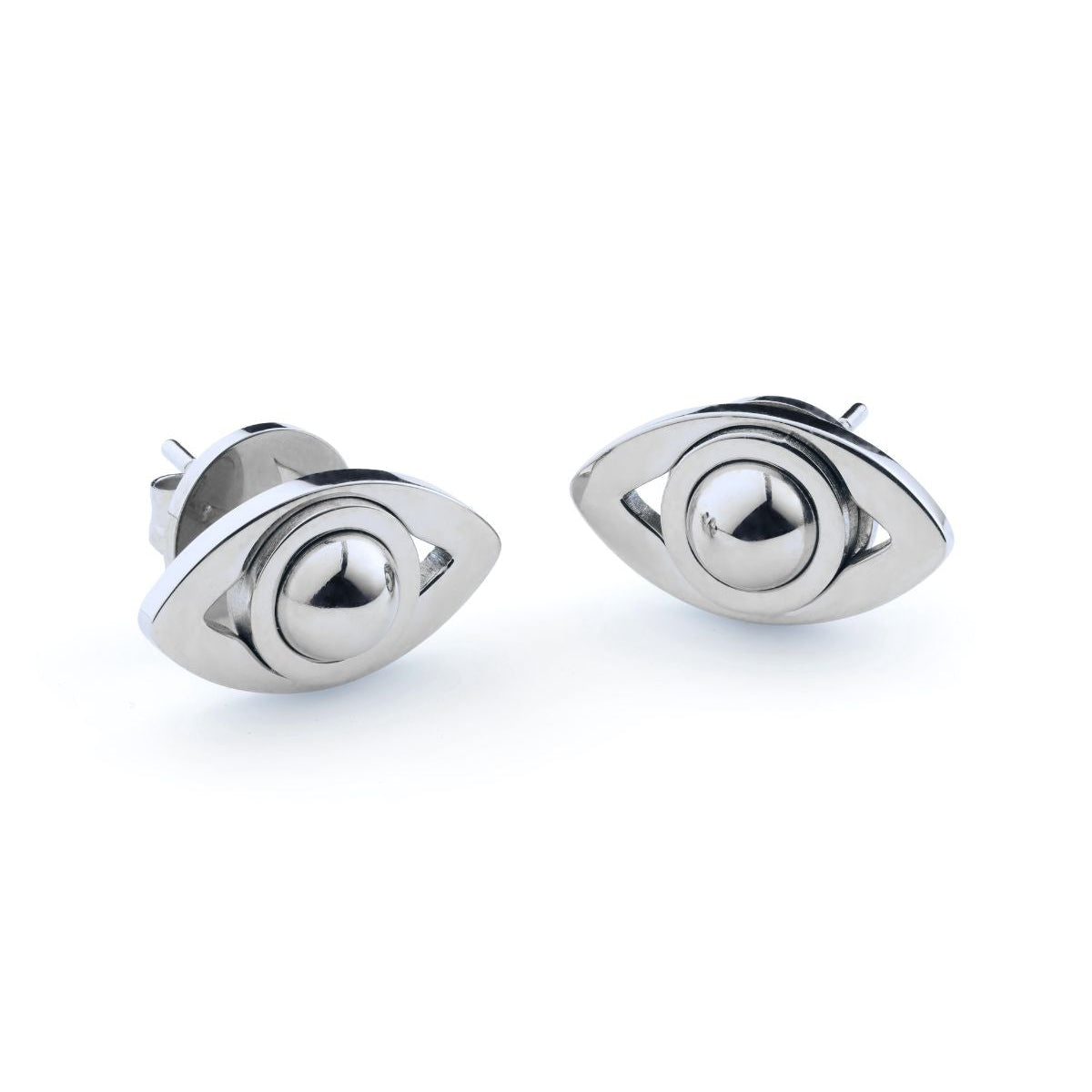 Pair of silver eye-shaped earrings on a white background